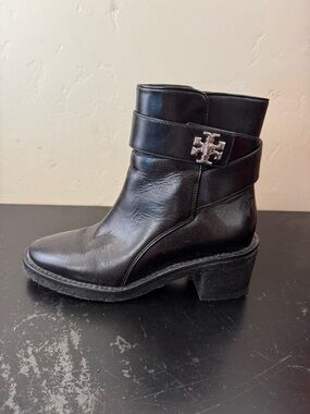 Tory Burch Black Leather Logo Strap Ankle Boot